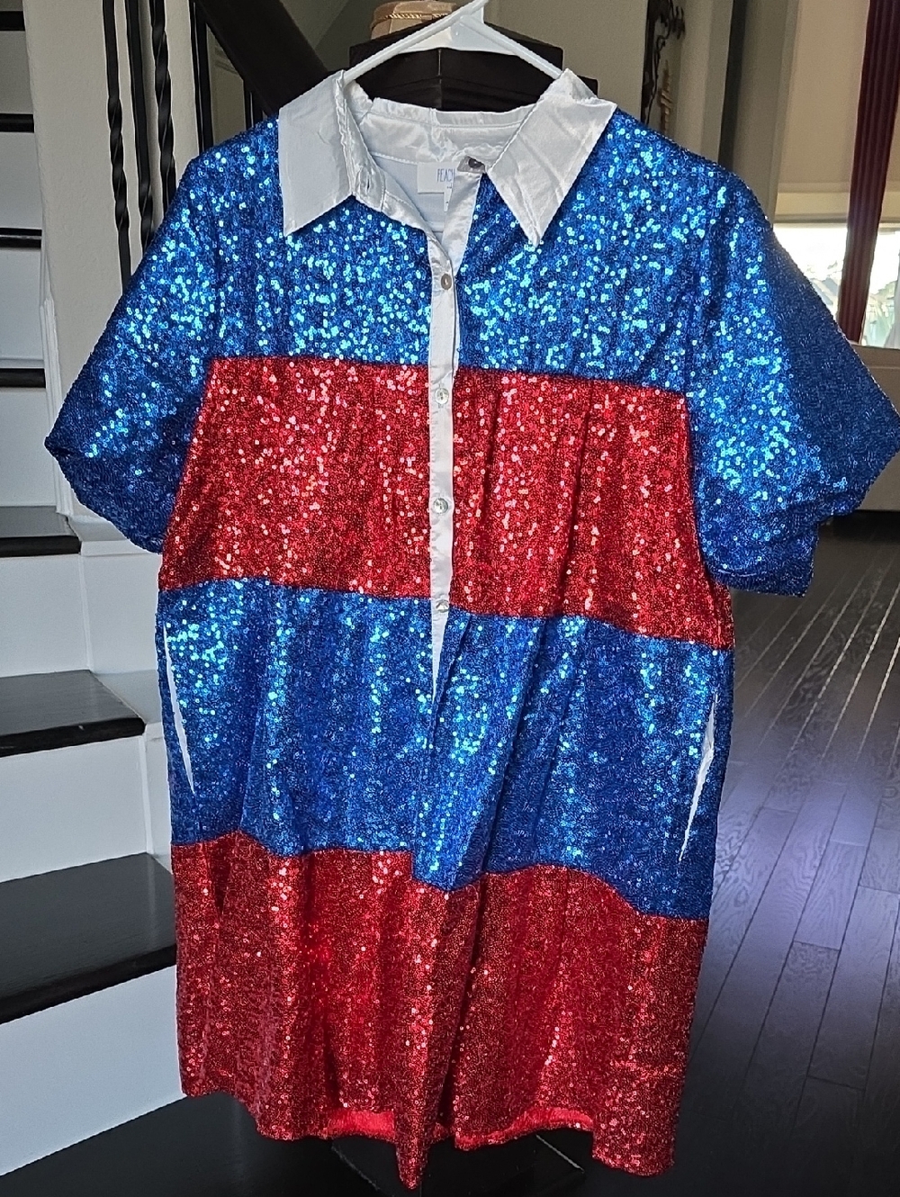 Peach Love California Red & Blue Sequin Midi Shirt Dress with White Collar